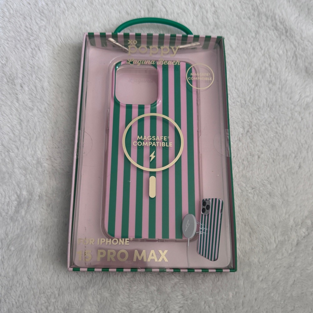 XO Poppy for iPhone 15 Pro Max Case MagSafe Laguna Beach Pink Green Striped NIP